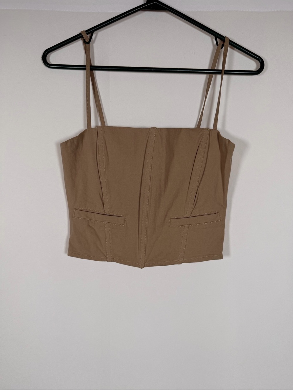 White Fox Boutique Tan Structured Bustier Crop Top with Spaghetti Straps